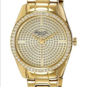 Womens Kenneth Cole New York Gold-Tone Crystal-Encrusted Large Dial Watch